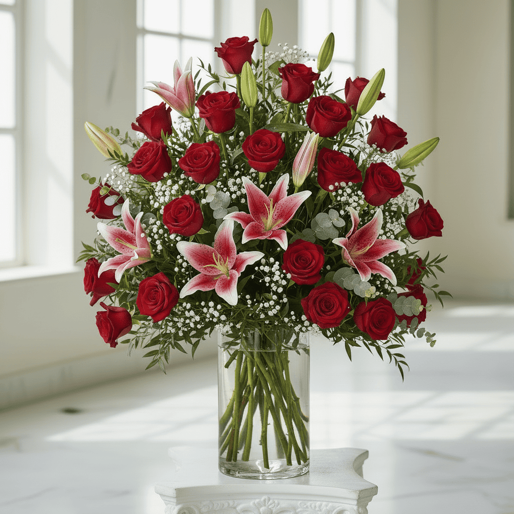 you are everything to me 24 red roses with pink lilies