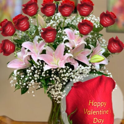 valentines roses and pink lilies