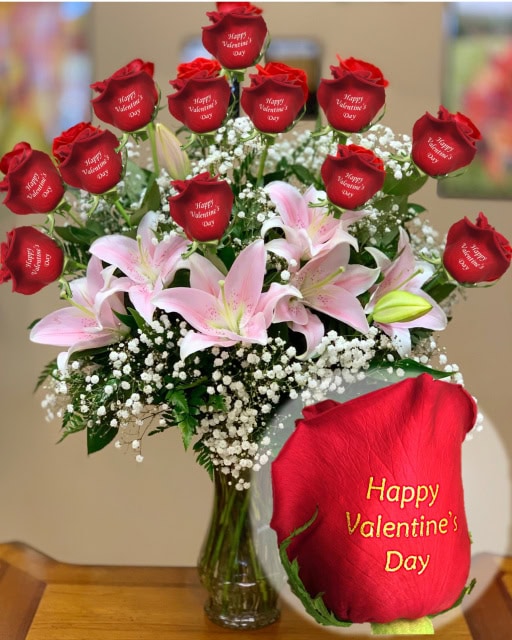 valentines roses and pink lilies