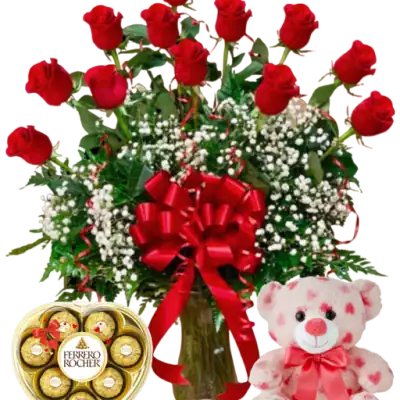 Red roses bouquet with baby's breath and a red ribbon, perfect for romantic occasions.