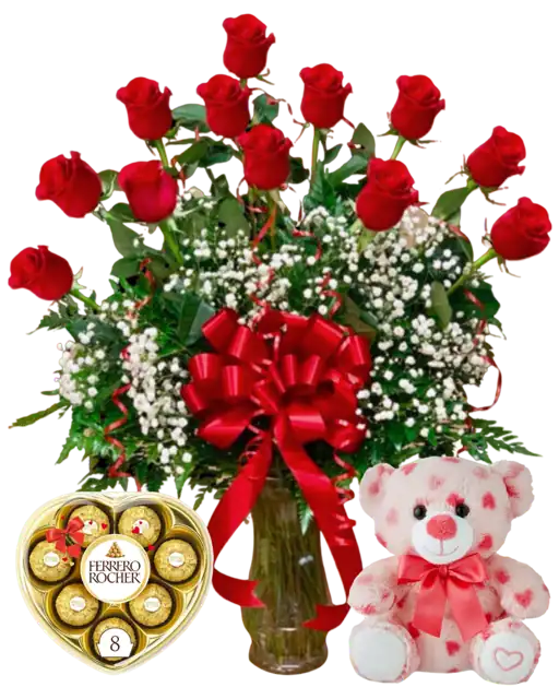 Red roses bouquet with baby's breath and a red ribbon, perfect for romantic occasions.