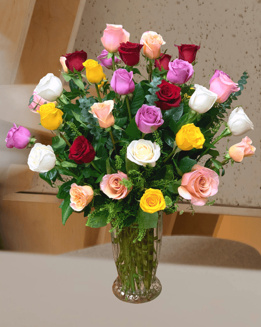 Mixed color roses long stems arranged in a vase in las vegas nevada