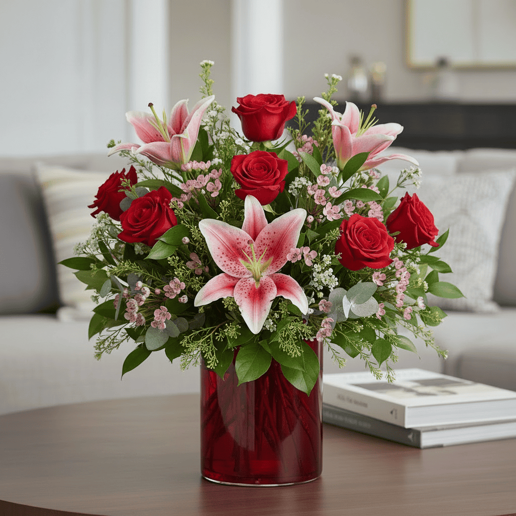 A stunning floral display featuring red roses and pink lilies in a deep red vase, perfect for expressing love and affection.