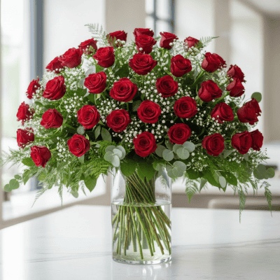 36 red roses with baby's breath and greens