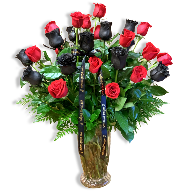 25 fresh red and black roses arranged