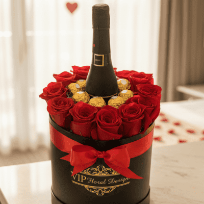 Romantic floral arrangement featuring red roses, champagne bottle, and chocolates in a decorative black box with a red bow, perfect for Valentine's Day.