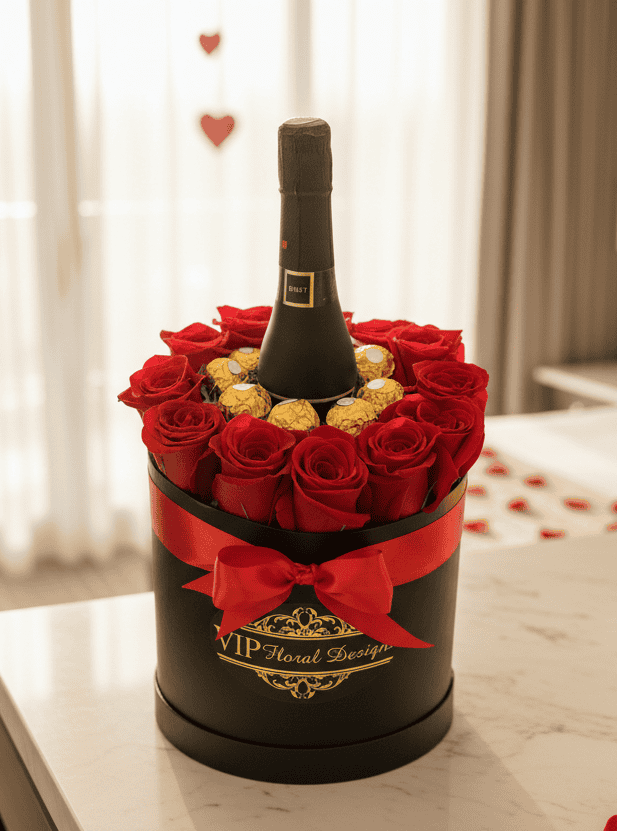 Romantic floral arrangement featuring red roses, champagne bottle, and chocolates in a decorative black box with a red bow, perfect for Valentine's Day.