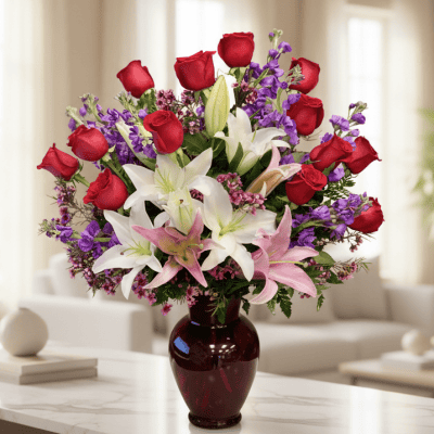 Beautiful bouquet featuring red roses, white lilies, and purple accents, perfect for expressing affection and appreciation.