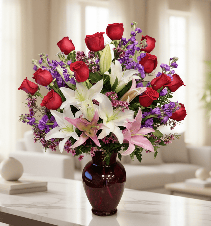 Beautiful bouquet featuring red roses, white lilies, and purple accents, perfect for expressing affection and appreciation.
