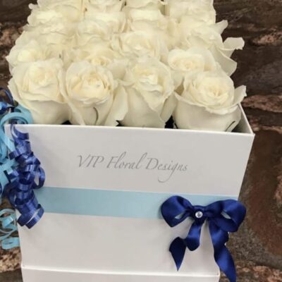 square hat flower box with white roses