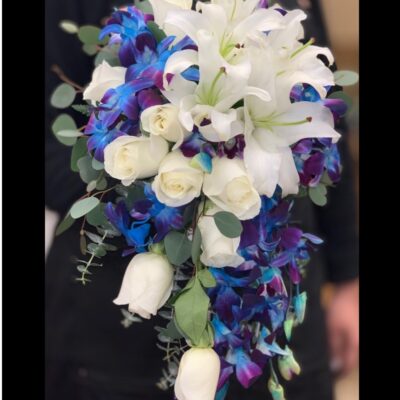 cascade white and blue bridal bouquet las vegas wedding flowers