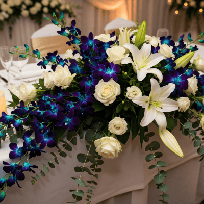 head table for bride and groom table sweetheart table flower arrangement with blue dendrobium orchids, white roses and white oriental lilies, eucalyptus parvifolia