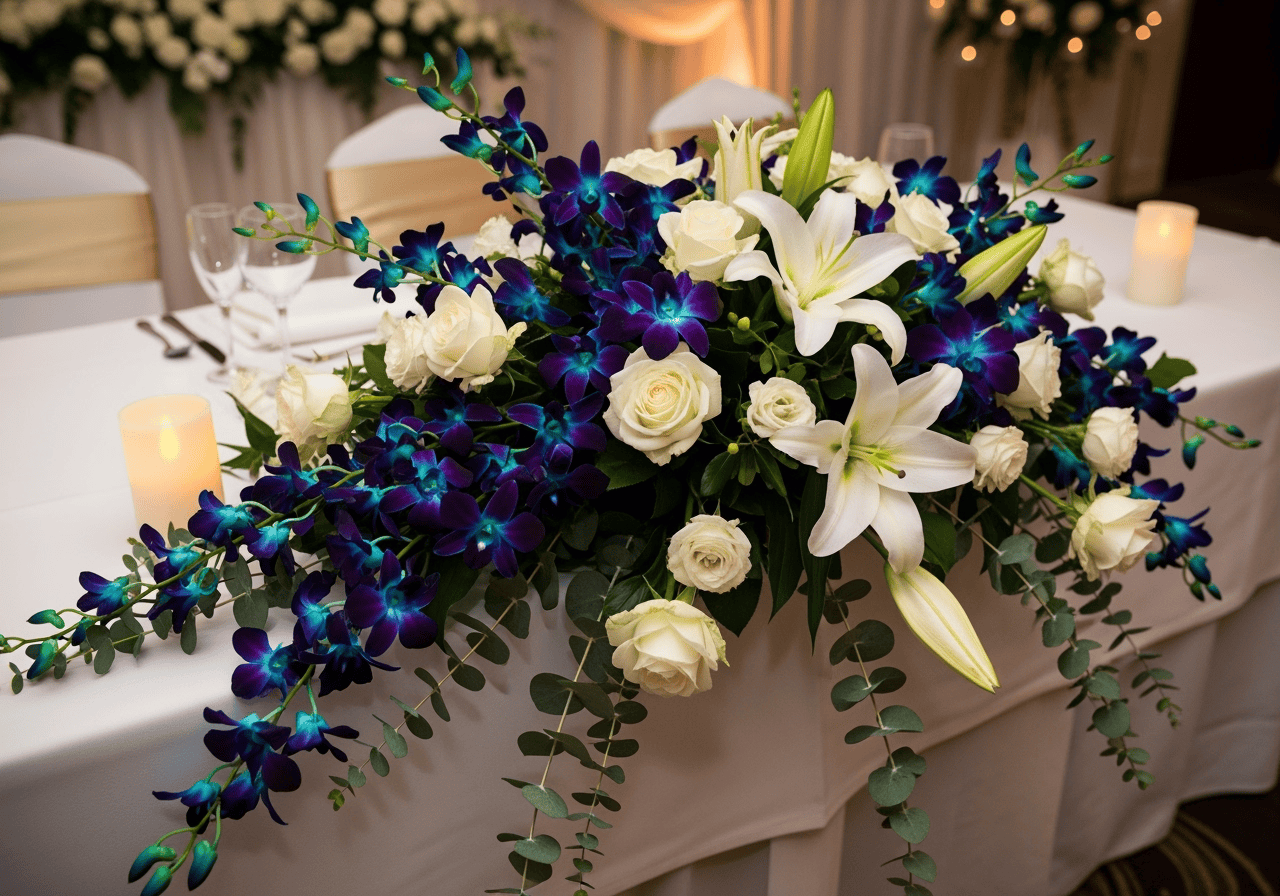 head table for bride and groom table sweetheart table flower arrangement with blue dendrobium orchids, white roses and white oriental lilies, eucalyptus parvifolia