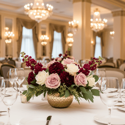 Luxurious floral centerpiece with pink roses, deep burgundy dahlias, and lush greenery on an elegantly set banquet table inside a grand hotel ballroom.