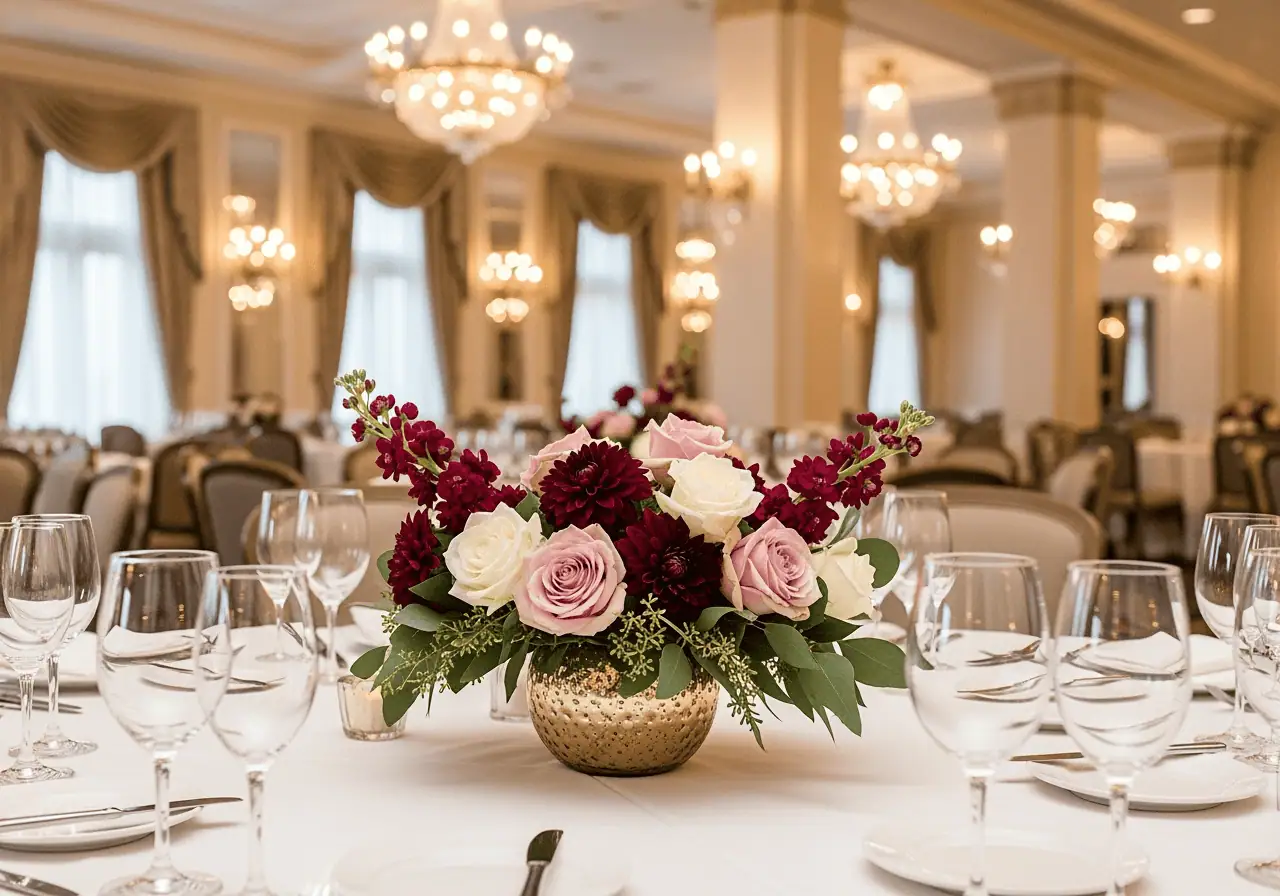 Luxurious floral centerpiece with pink roses, deep burgundy dahlias, and lush greenery on an elegantly set banquet table inside a grand hotel ballroom.