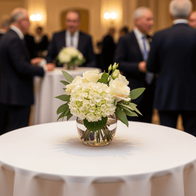 Elegant wedding floral arrangement with white roses and hydrangeas in a glass vase on a round table at a formal event in a lavish ballroom.