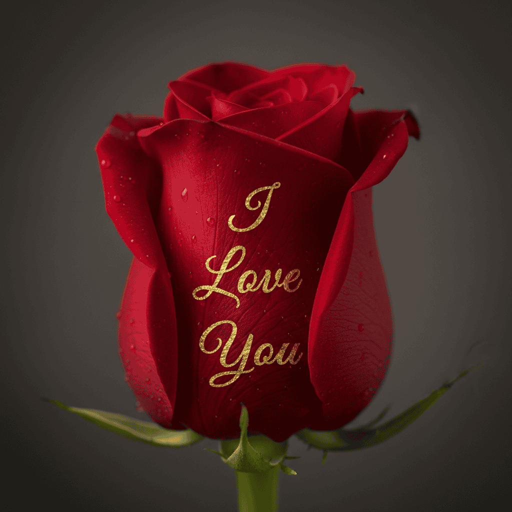 Close-up of a red rose with "I Love You" written in gold, symbolizing love and attraction.