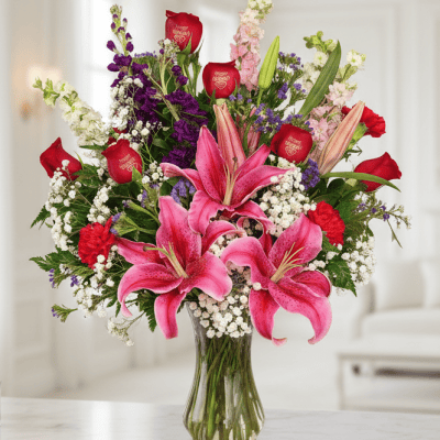 Beautiful Valentine's Day bouquet featuring pink lilies, red roses, and assorted seasonal flowers, perfect for expressing love and affection.