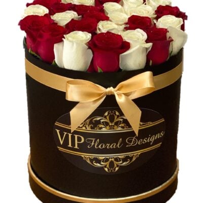 white and red roses hat flower box