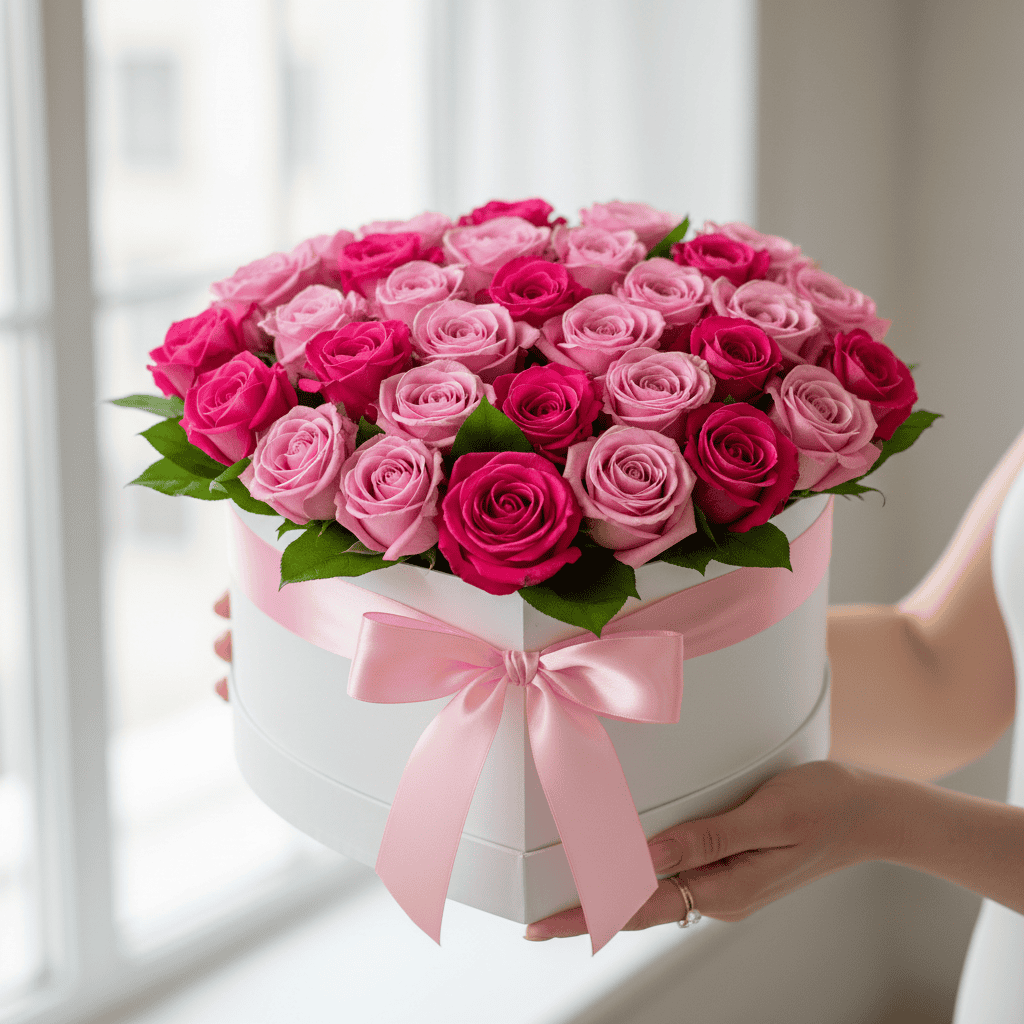 Beautiful arrangement of pink roses in a heart-shaped flower box with a pink ribbon. Perfect for romantic occasions or special celebrations.