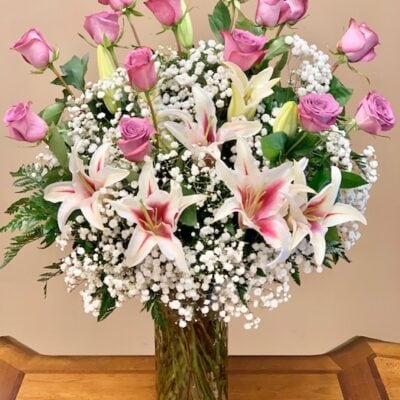 Lavenders roses and pink lilies