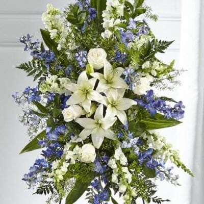 Blue and White Standing Funeral Spray | VIP Floral