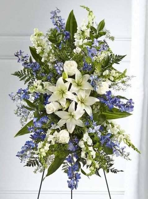 Blue and White Standing Funeral Spray | VIP Floral