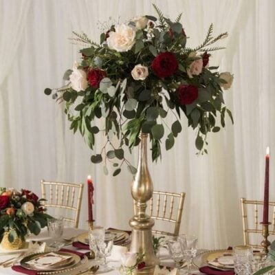 Burgundy And Gold Tall Wedding Centerpiece | VIP Floral