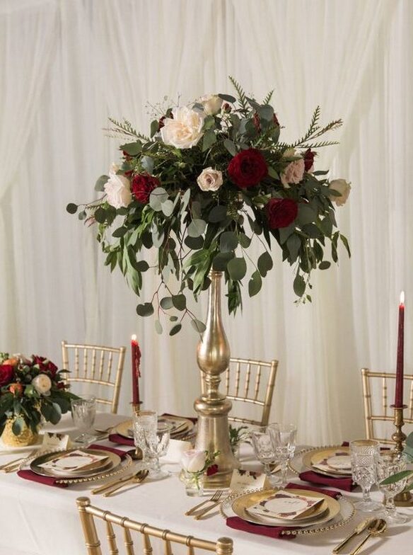 Burgundy And Gold Tall Wedding Centerpiece | VIP Floral
