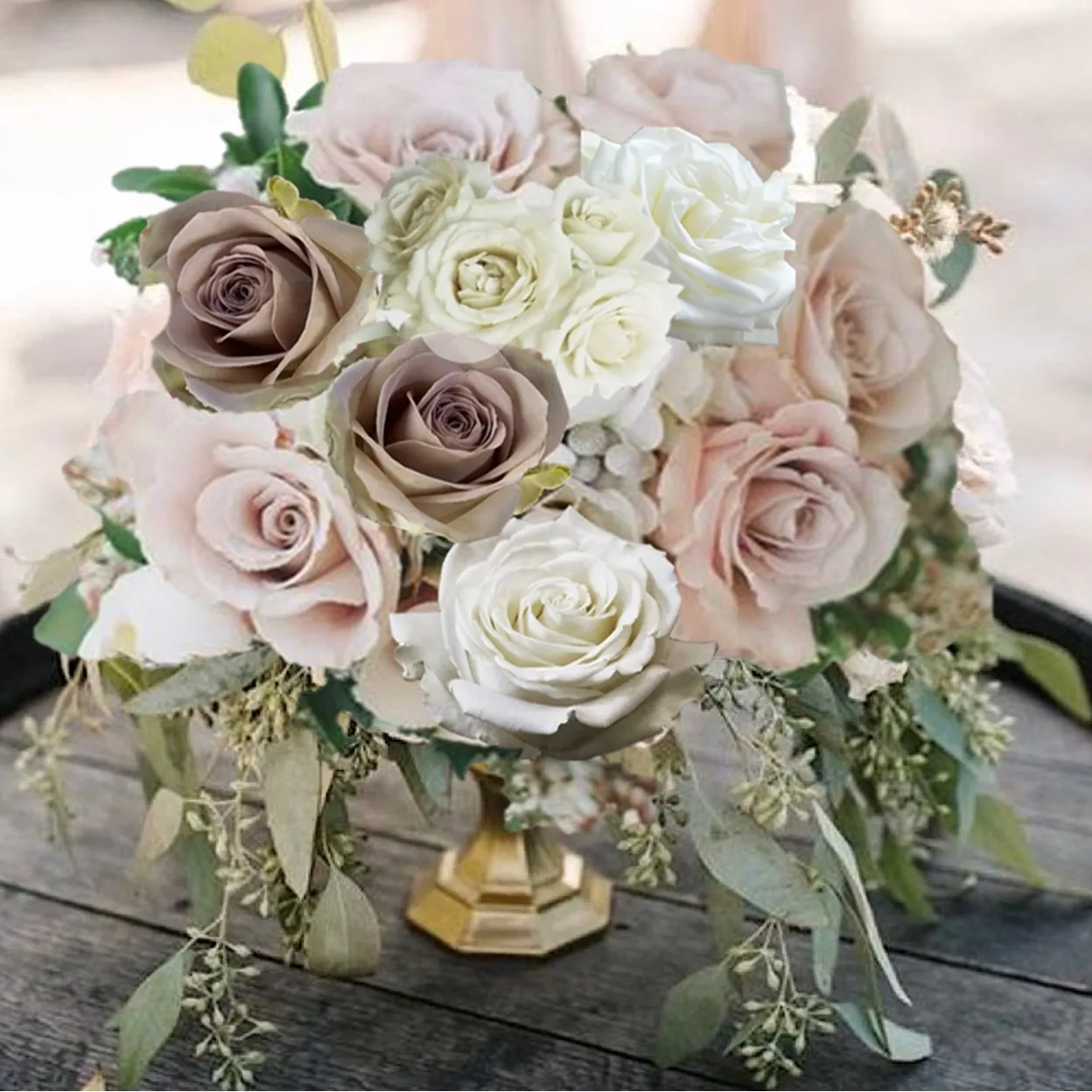dusty roses and cream roses centerpiece
