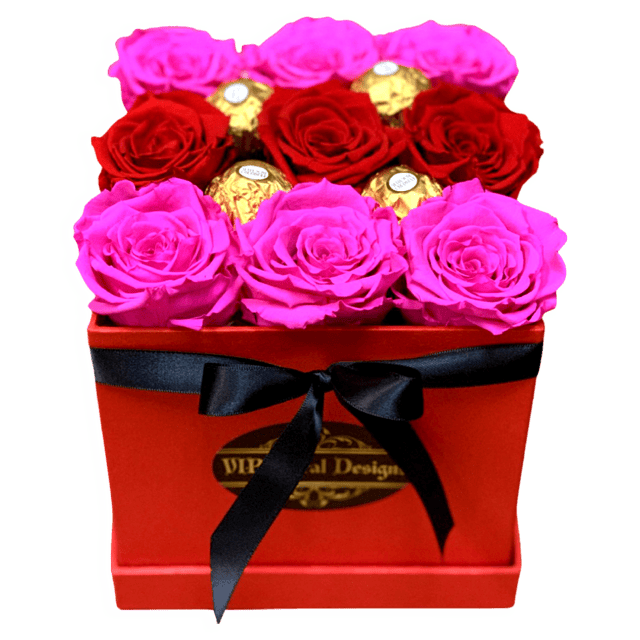 9 pink and red preserved roses with chocolate in a square box las vegas flowers delivery