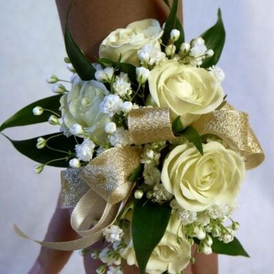white roses wrist corsage