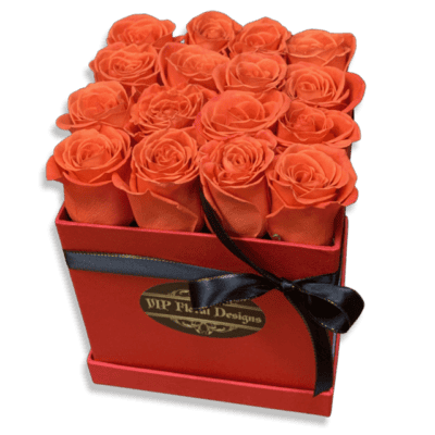 16 orange roses in a hat flower box