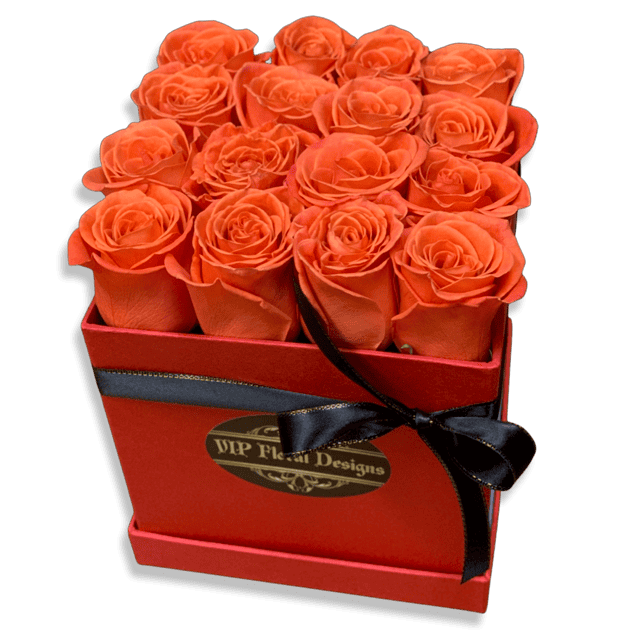 16 orange roses in a hat flower box