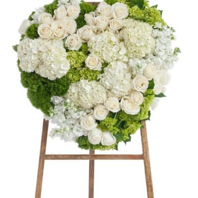 20"H x 18"W Funeral Stand all with white and green flowers.