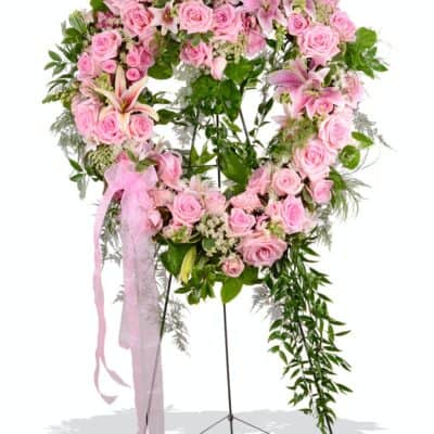Funeral flowers Las Vegas, Pink Roses and White Lilies Open Heart