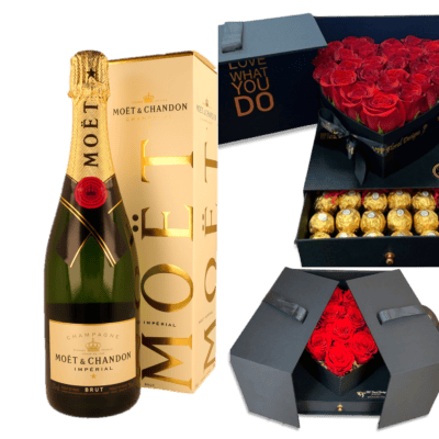 Moët & Chandon Brut Imperial Champagne Gift Box and Beautiful Floral Gift Box with Fresh Red Roses and Fererro Rocher Chocolate.