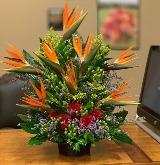 Strelitzia and Red Roses it's a tropical flower arrangement delivered in las vegas nevada