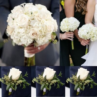 white hydrangeas and ivory roses wedding package