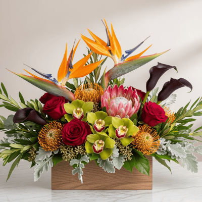 Luxury fall floral centerpiece with birds of paradise, protea, burgundy roses, and green orchids in wooden box, Las Vegas seasonal flower delivery