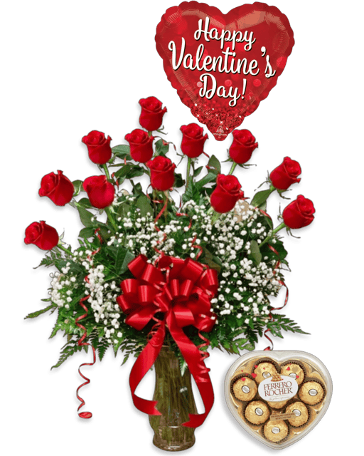 This Valentine's Day gift bundle includes 12 long stem red roses, a "Happy Valentine's Day" balloon, and Ferrero chocolates. It's the perfect way to show your love and appreciation.