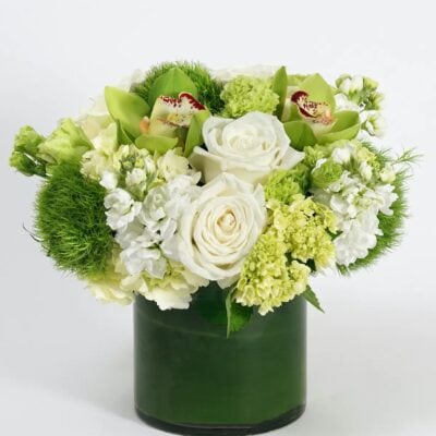 A beautiful glass vase filled with white hydrangeas, roses, green orchids, trick, and lisianthus, along with lovely leaves, is perfect for occasions like Patrick's Day, Get well, or Thinking of You.