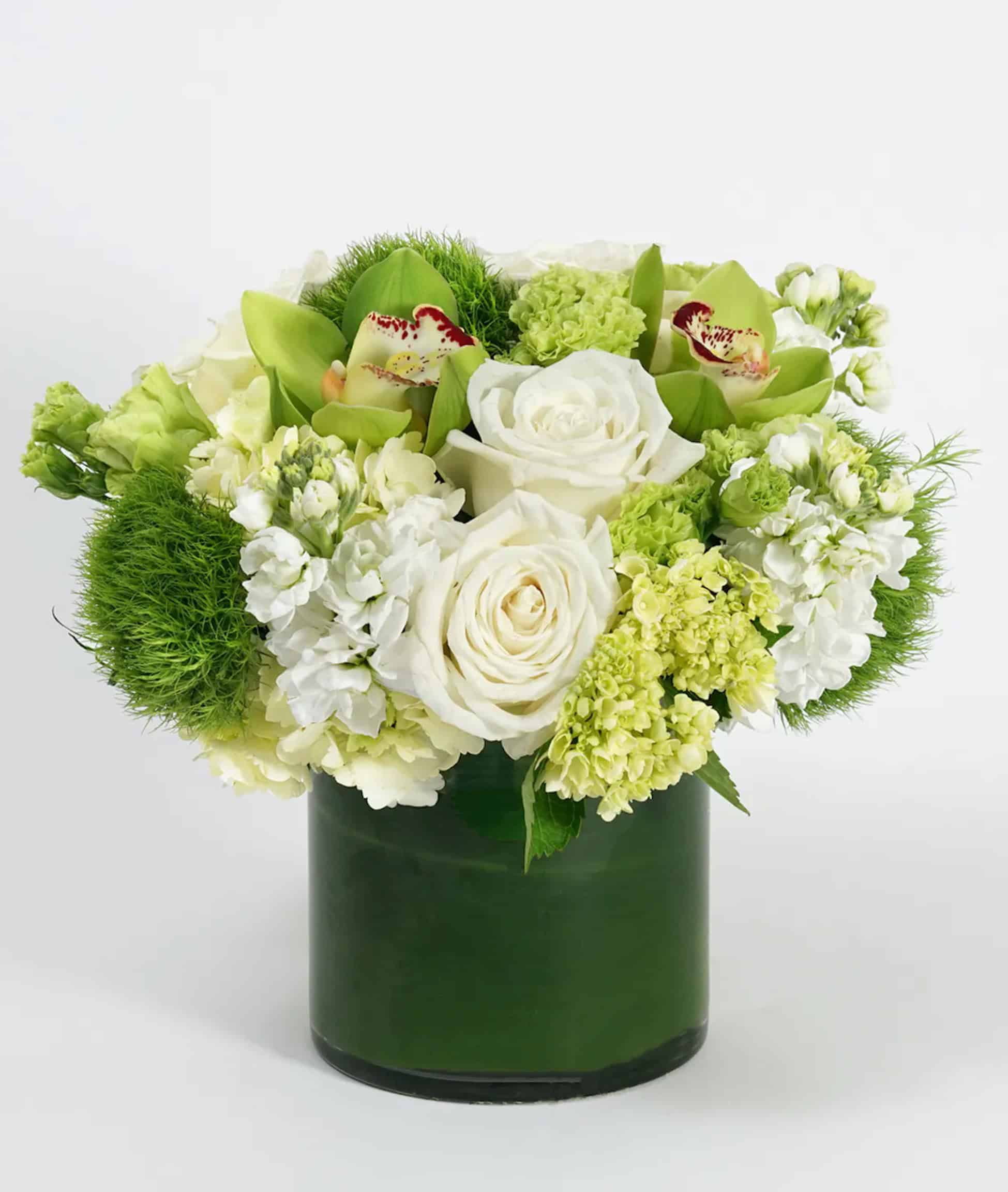 A beautiful glass vase filled with white hydrangeas, roses, green orchids, trick, and lisianthus, along with lovely leaves, is perfect for occasions like Patrick's Day, Get well, or Thinking of You.