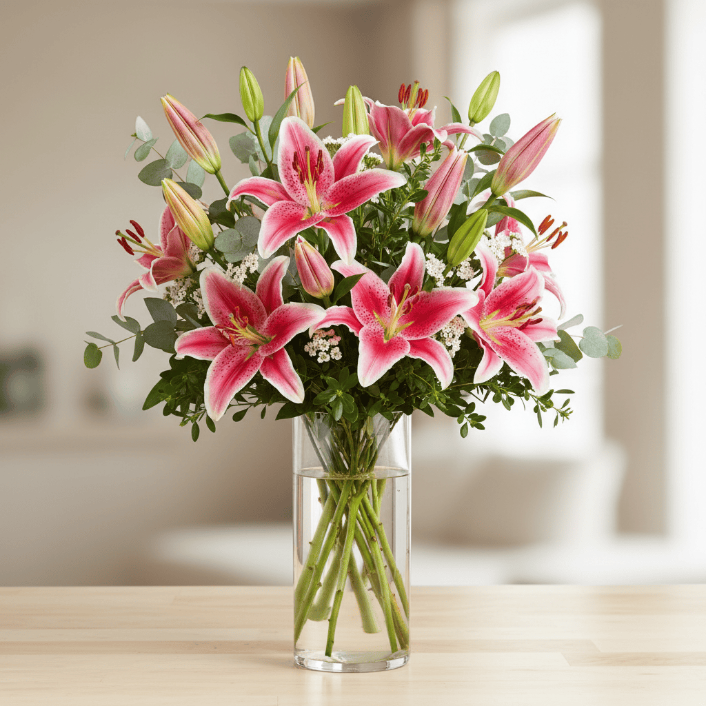 Beautiful pink lilies and greenery in a clear glass vase, perfect for romantic occasions or home decor.