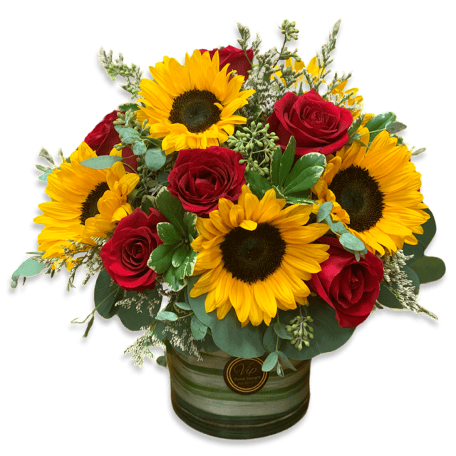 sunflowers and red roses