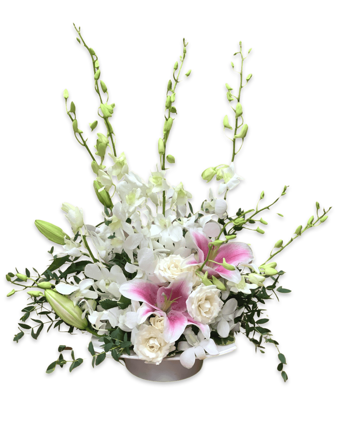 A stunning 'Orchid Whispered Wishes' bouquet, featuring delicate orchids and fragrant pink oriental lilies, the perfect gift to express heartfelt wishes and love."