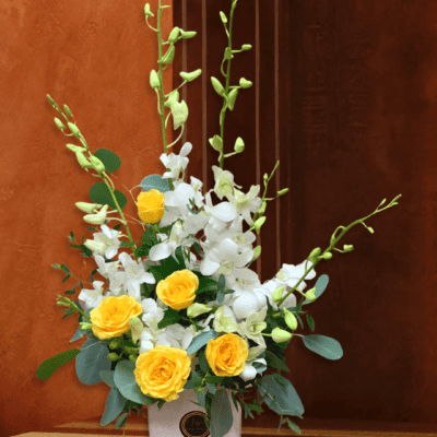 Rays of Elegance" flower arrangement in Las Vegas, Nevada - A stunning bouquet of white dendrobium orchids and yellow spray roses beautifully presented in a white cube vase