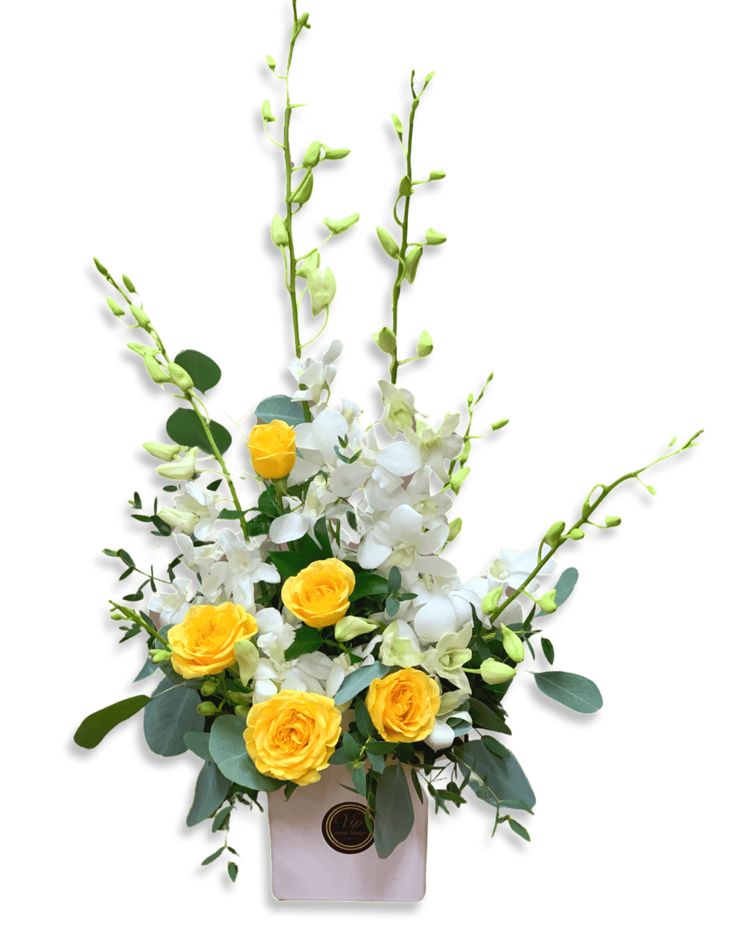 white orchids and yellow roses