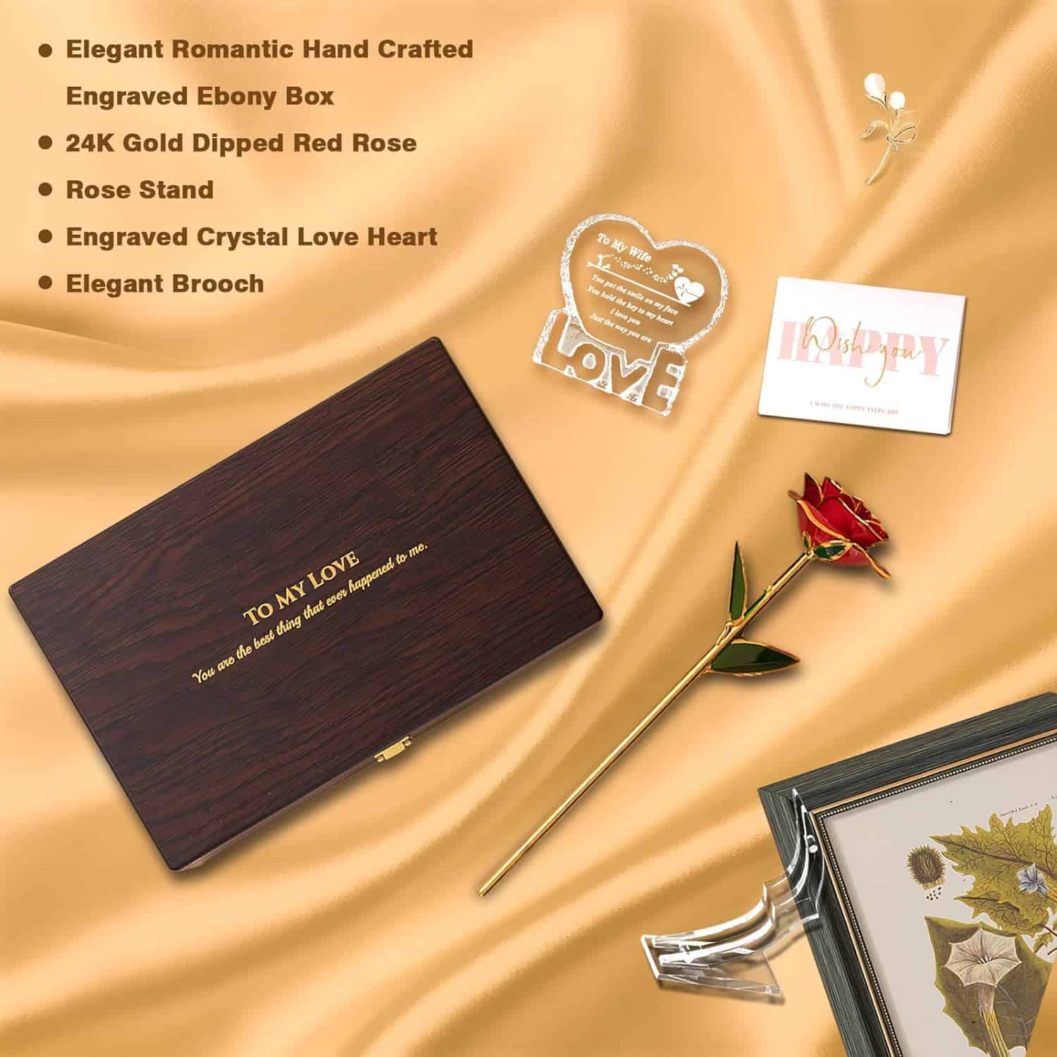 Engraved Wooden Gift Set with 24k Gold Dipped Rose - Image 2