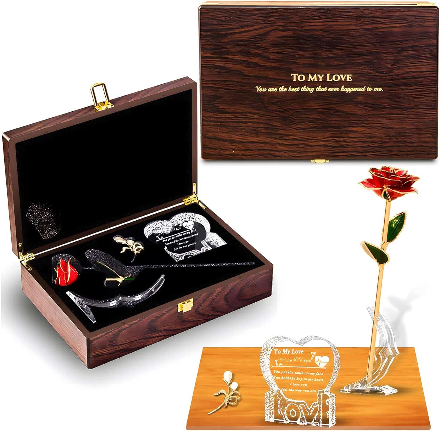 Engraved Wooden Gift Set with 24k Gold Dipped Rose